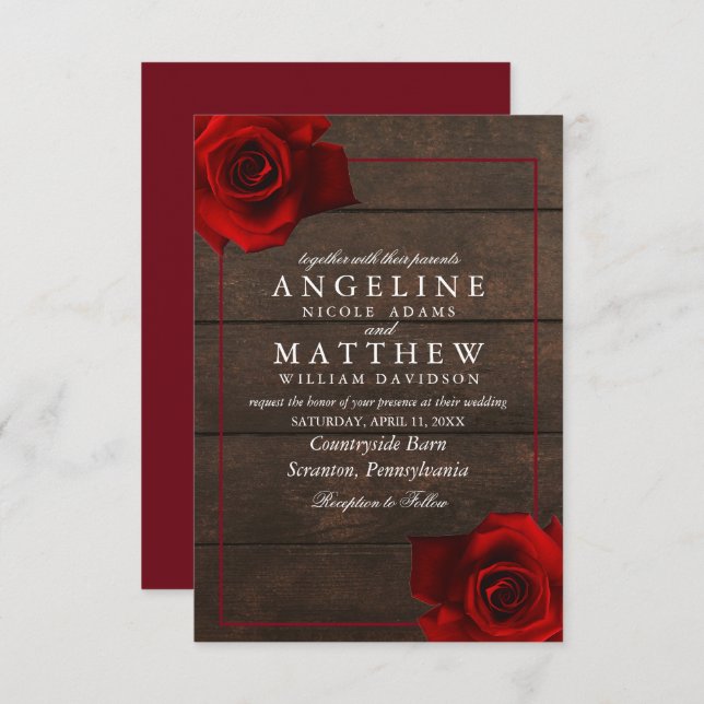 Burgundy Rote Rose Rustic Wood Wedding Einladung (Vorne/Hinten)