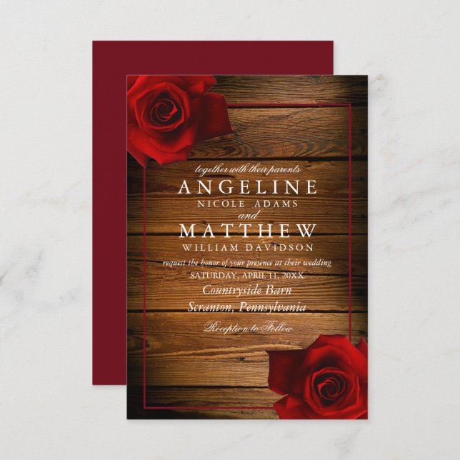 Burgundy Rote Rose Rustic Wood Wedding Einladung (Vorne/Hinten)