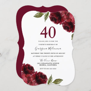 Burgundy Rote Rosen Elegantes 40. Geburtstags-Part Einladung