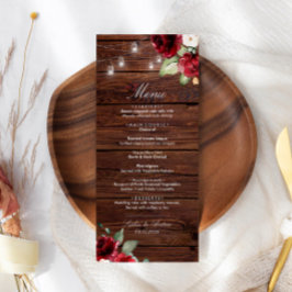 Burgundy Rote Rosen Rustic Wood Wedding Menu Menükarte