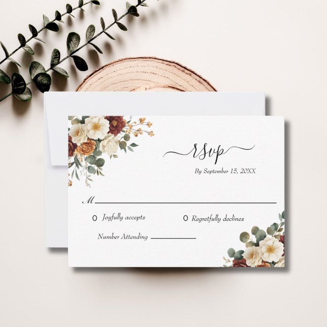 Burgundy Rust Cream Floral Elegante Hochzeit RSVP Karte (Rust Cream Floral with Eucalyptus Wedding RSVP card)