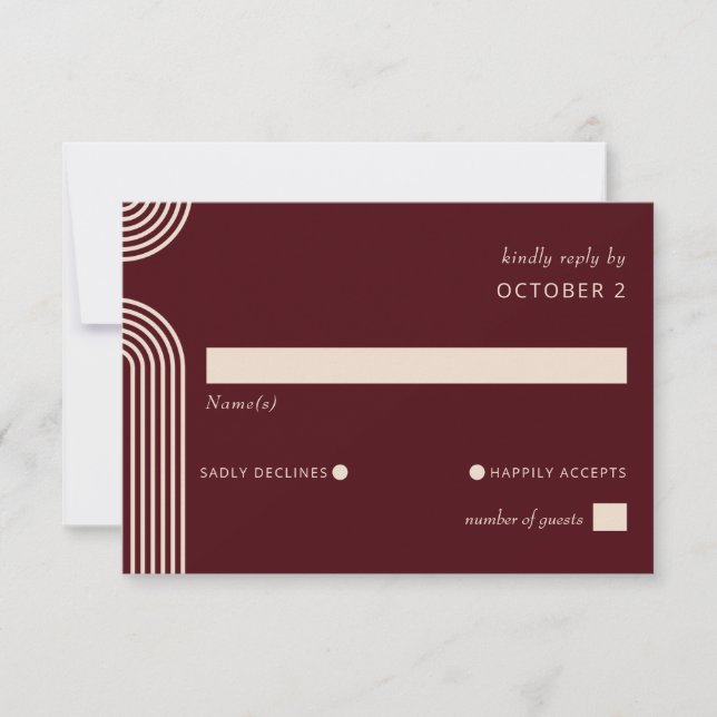 Burgundy Rustic Boho Arched Modern Wedding RSVP Karte (Vorderseite)