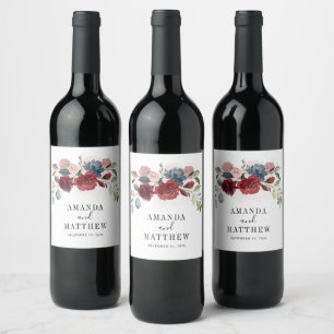 Burgundy Rustic Floral Custom Wedding Weinetikett