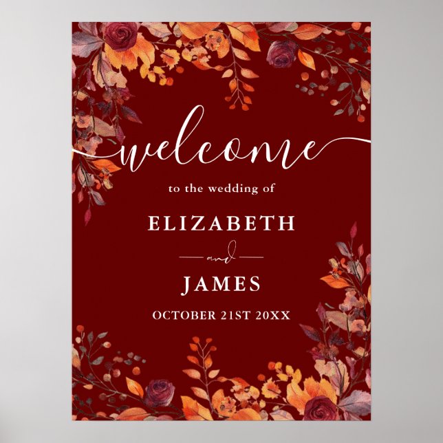 Burgundy Rustic Floral Fall Wedding Welcome Sign Poster (Vorne)