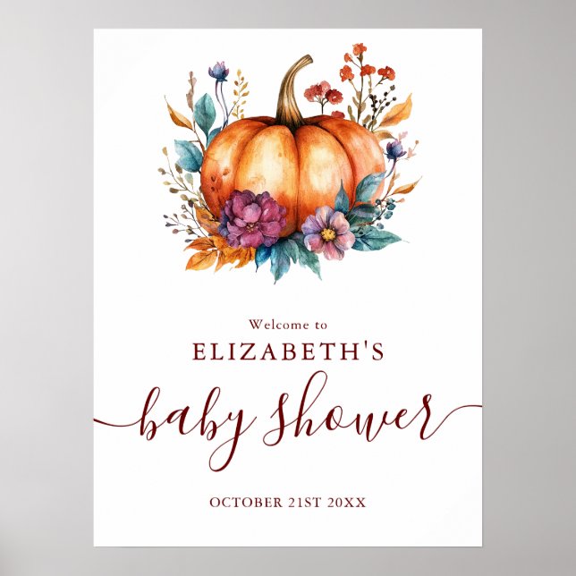 Burgundy Rustic Pumpkin Baby Dusche Begrüßungszeic Poster (Vorne)