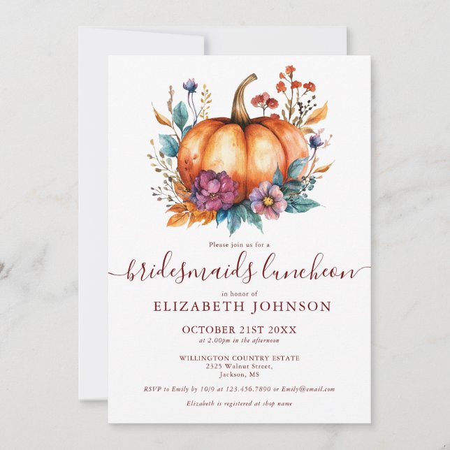 Burgundy Rustic Pumpkin Bridesmaids Luncheon Einladung (Vorderseite)