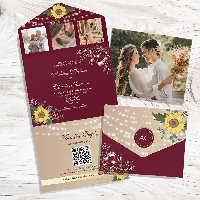 Burgundy Rustic Sonnenblume Hochzeit All In One Einladung (Von Creator hochgeladen)
