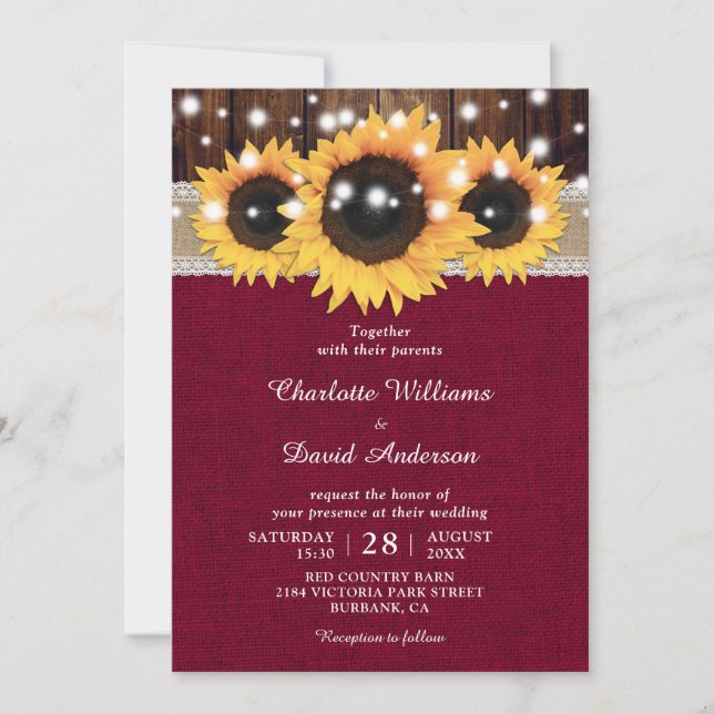 Burgundy Rustic Sonnenblume Hochzeit Einladung (Vorderseite)