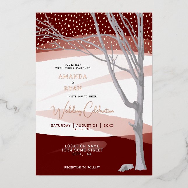Burgundy Rustic Winter Tree Watercolor Wedding Folieneinladung (Vorderseite)