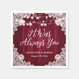 Burgundy Rustic Wood Floral Lace Wedding Serviette