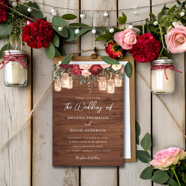 Burgundy Rustic Wood Floral Lights Hochzeit Einladung (Von Creator hochgeladen)