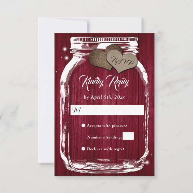 Burgundy Rustic Wood Hearts Mason Jar Wedding RSVP (Vorderseite)