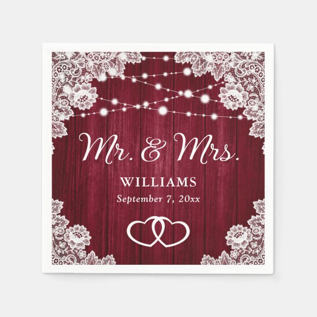 Burgundy Rustic Wood Lace String Lights Hochzeit Serviette (Vorderseite)