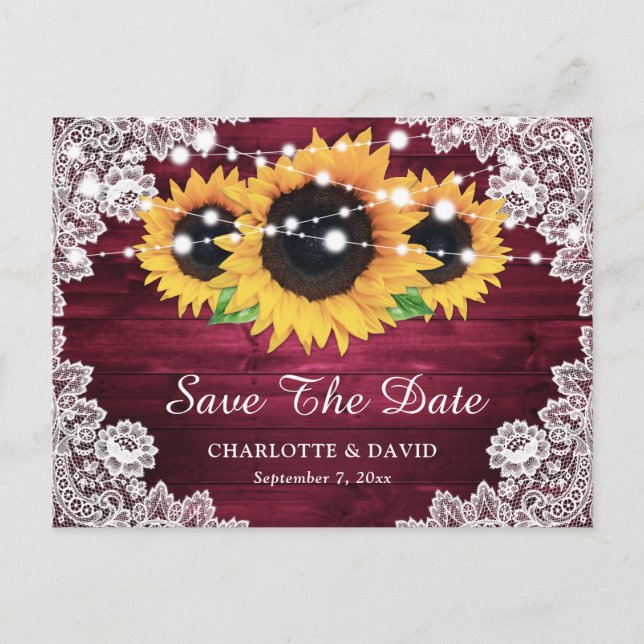 Burgundy Rustic Wood Lace Sunflower Save the Date Ankündigungspostkarte (Vorderseite)