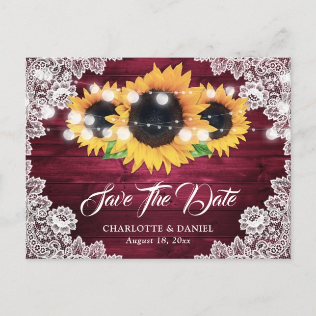 Burgundy Rustic Wood Lace Sunflower Save the Date Ankündigungspostkarte (Vorderseite)