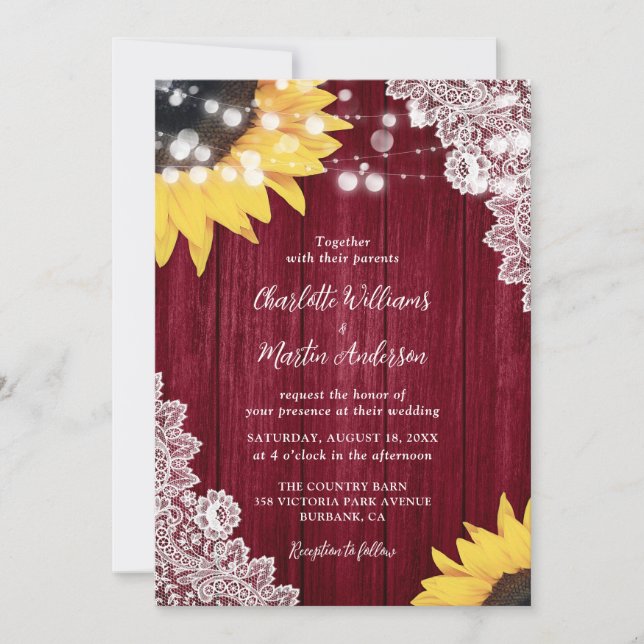 Burgundy Rustic Wood Lace Sunflower Wedding Einladung (Vorderseite)