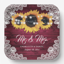 Burgundy Rustic Wood Lace Sunflower Wedding Pappteller
