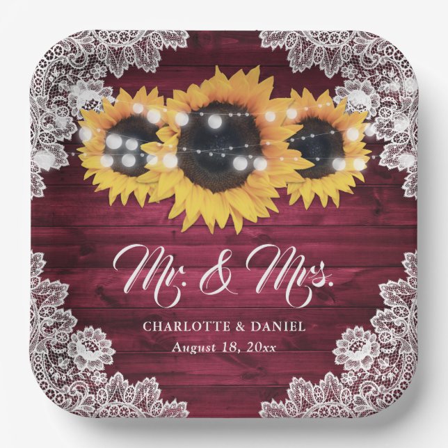Burgundy Rustic Wood Lace Sunflower Wedding Pappteller (Vorderseite)