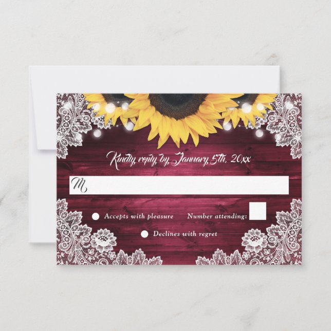 Burgundy Rustic Wood Lace Sunflower Wedding RSVP Karte (Vorderseite)