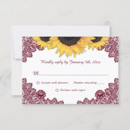 Burgundy Rustic Wood Lace Sunflower Wedding RSVP Karte