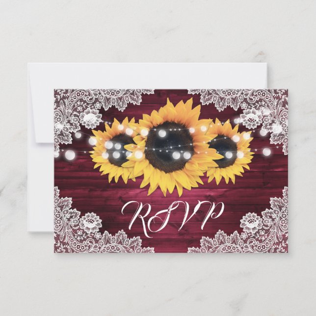 Burgundy Rustic Wood Lace Sunflower Wedding RSVP Karte (Vorderseite)