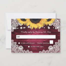 Burgundy Rustic Wood Lace Sunflower Wedding RSVP Karte