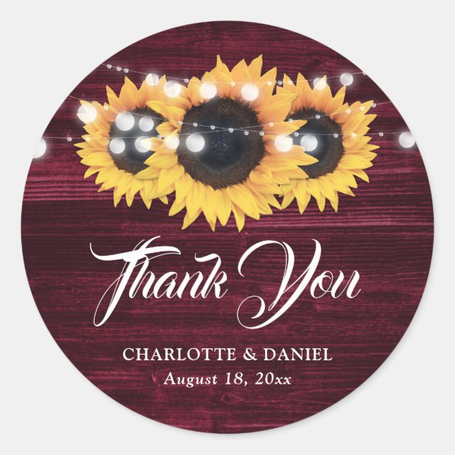 Burgundy Rustic Wood Sunflower Wedding Thank You Runder Aufkleber (Vorderseite)