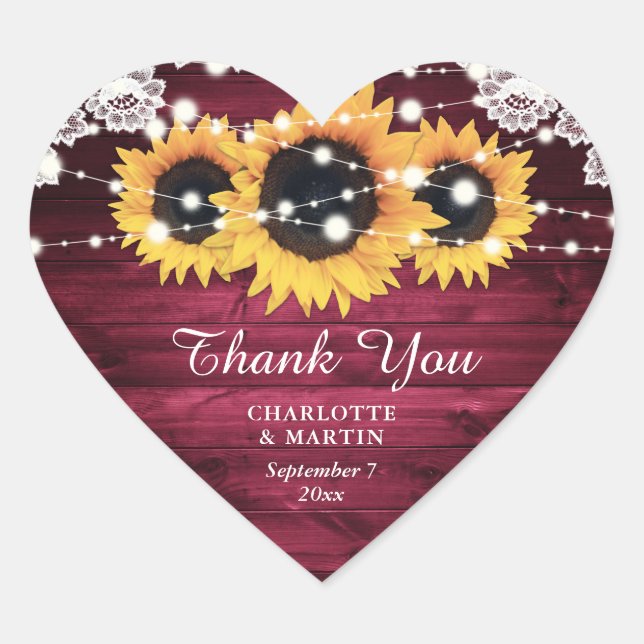 Burgundy Rustic Wood Sunflower Wedding Vielen Dank Herz-Aufkleber (Vorderseite)
