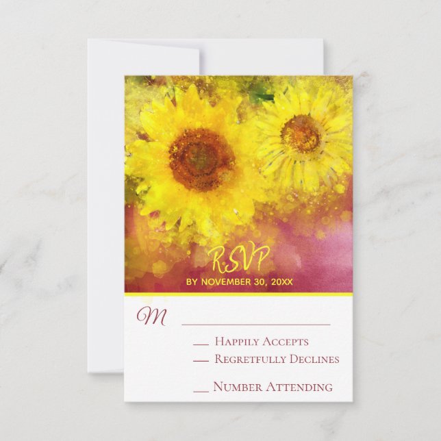 *~* Burgundy Rustic Yellow Sunflower Wedding RSVP Karte (Vorderseite)