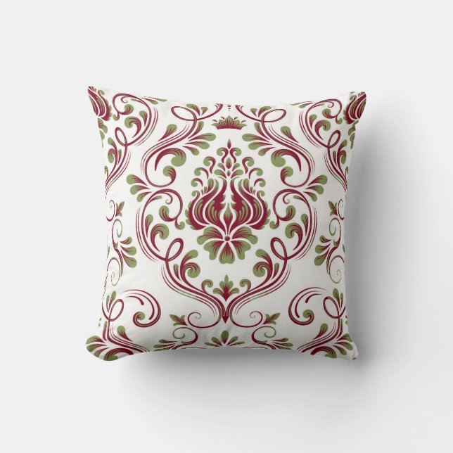 Burgundy Sage Green Damask Blumenmuster Elegant Kissen (Vorderseite)