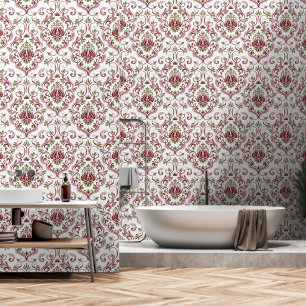 Burgundy Sage Green Damask Blumenschale und Stock Tapete