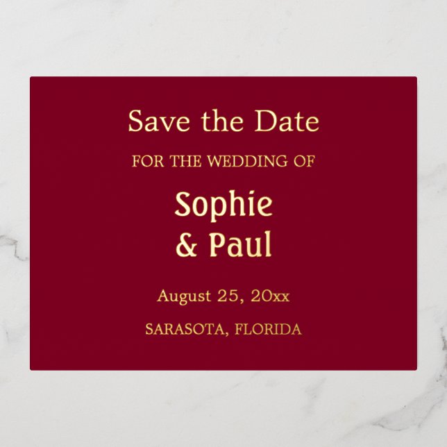 Burgundy Save the Date Foil Einladung Postkarte (Vorderseite)