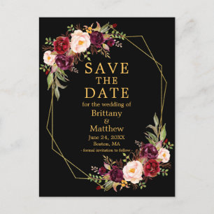 Burgundy Schwarz Geo Frame Save the Date Postkarte