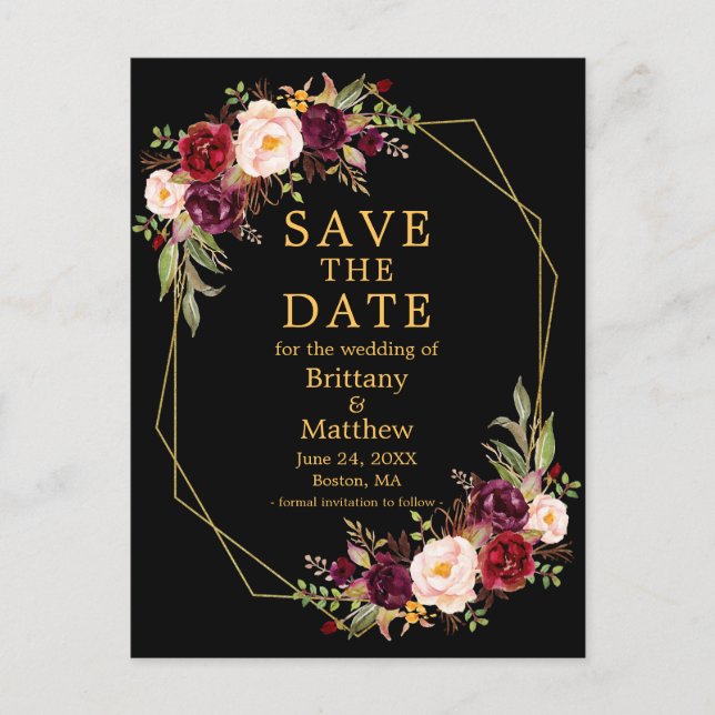 Burgundy Schwarz Geo Frame Save the Date Postkarte (Vorderseite)