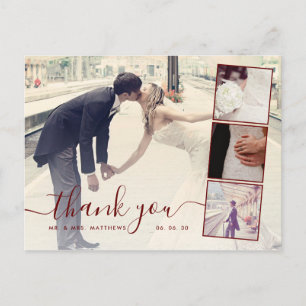 Burgundy Script 4 Foto Collage Wedding Vielen Dank Postkarte