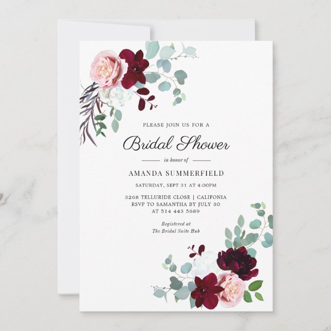 Burgundy Script Floral Eukalyptus Brautparty Einladung (Vorderseite)