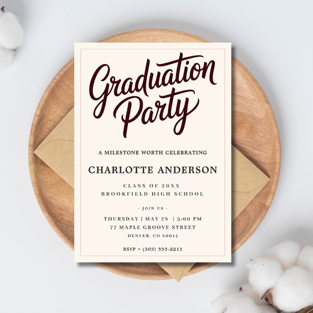 Burgundy Script Graduation Party Invitation Ankündigung (Von Creator hochgeladen)