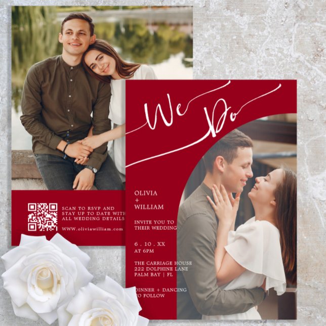 Burgundy Script QR Foto Wedding Einladung (Von Creator hochgeladen)