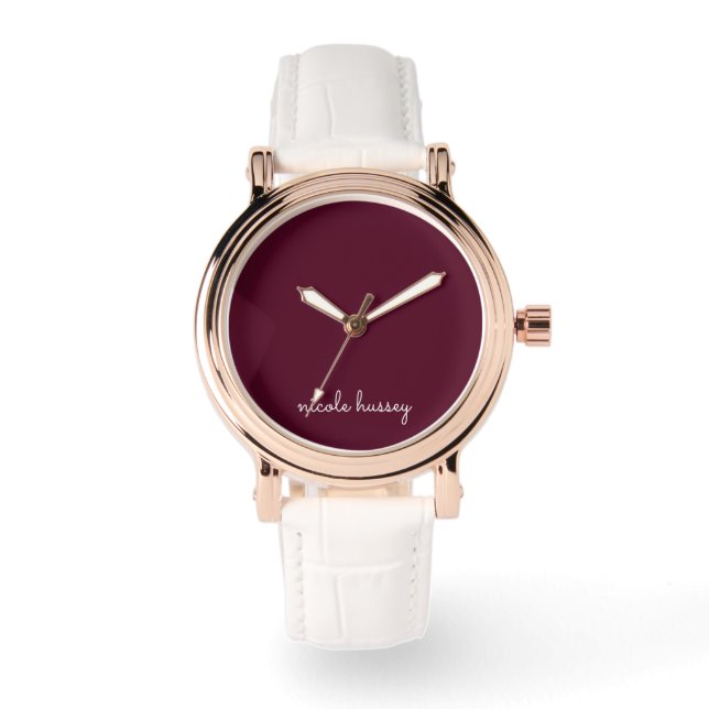 Burgundy Script | Stilvolle Monogram modern Armbanduhr (Vorderseite)