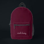 Burgundy Script | Stilvolle Monogram modern Bedruckter Rucksack<br><div class="desc">Ein einfaches,  individuelles Monogramm-Design in einer lässigen Handschrift in auffallendem monochromen Burgundy. Das Monogramm kann leicht personalisiert sein,  um ein Design so einzigartig wie Sie sind zu machen! Das perfekte trendige Geschenk oder Accessoire für jeden Anlass.</div>