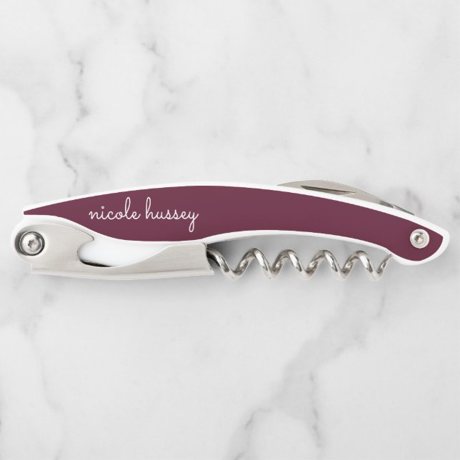 Burgundy Script | Stilvolle Monogram modern Kellnermesser (Vorderseite)