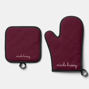 Burgundy Script Stilvolle Monogram modern Ofenhandschuh & Topflappen-Set