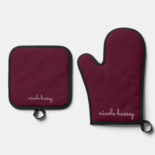 Burgundy Script | Stilvolle Monogram modern Ofenhandschuh & Topflappen-Set (Vorderseite)