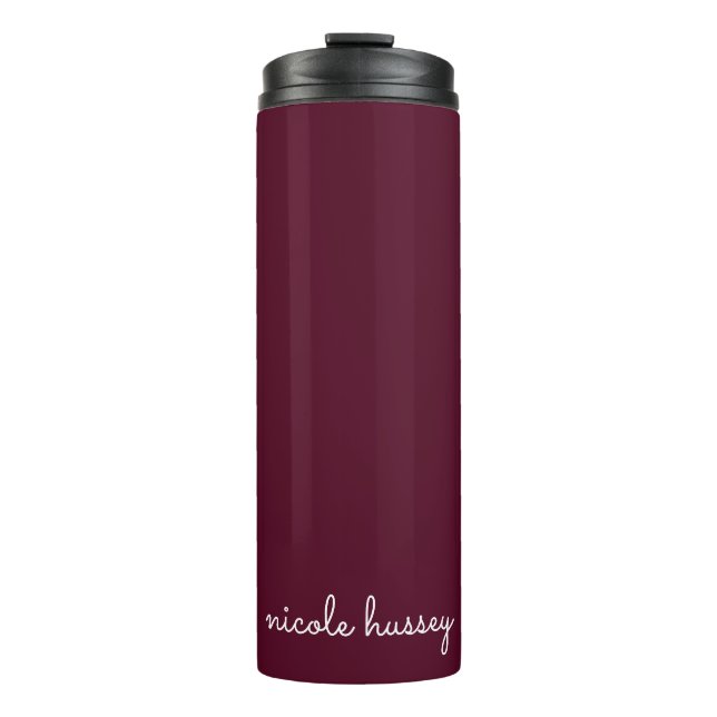 Burgundy Script | Stilvolle Monogram modern Thermosbecher (Vorderseite)