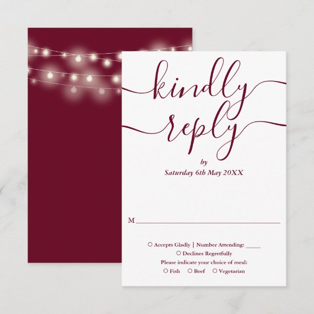Burgundy Script String Lights Hochzeit RSVP Karte (Vorne/Hinten)