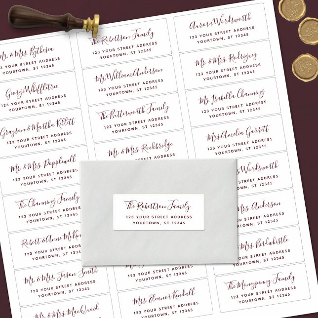 Burgundy Script Wedding Guest Address Labels (Von Creator hochgeladen)