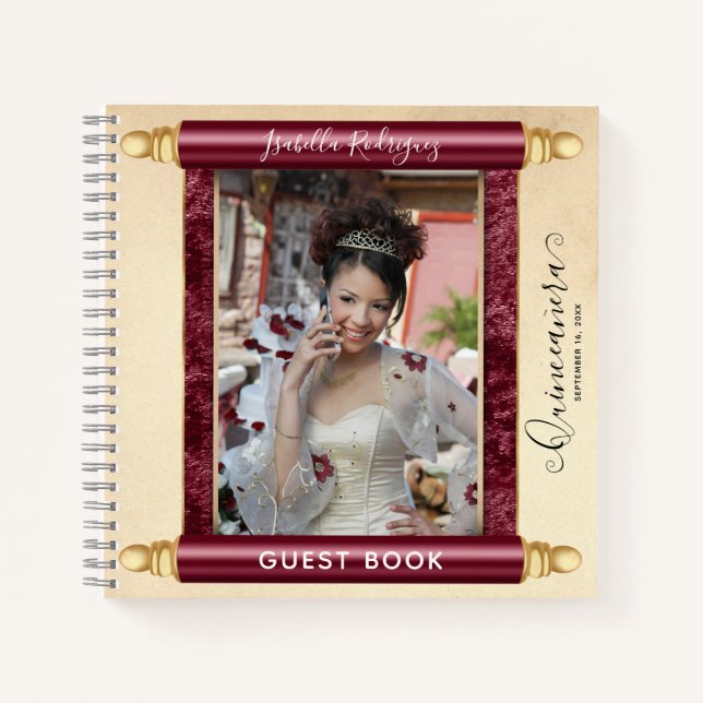 Burgundy Scroll Foto Budget Quinceañera Gast Notizbuch (Vorderseite)