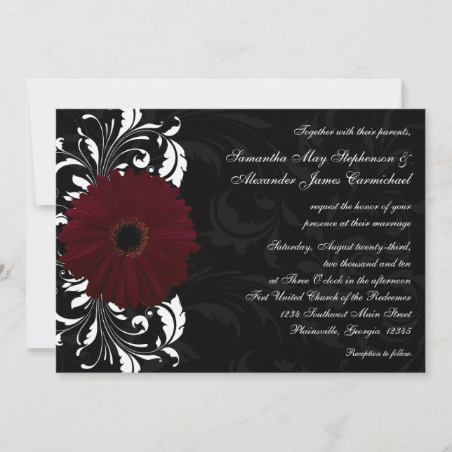 Burgundy Scroll Gerbera Daisy w/Black/White Einladung (Vorderseite)