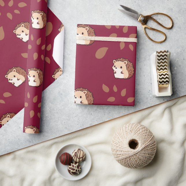 Burgundy Seamless Wrapping Paper mit Igeln Geschenkpapier (Kunsthandwerk)
