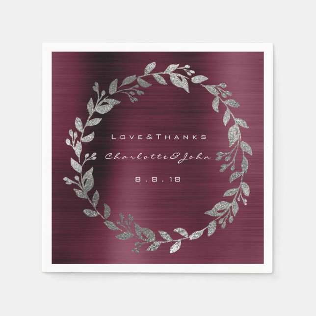 Burgundy Shimmering Urban Silver Wreath Name Serviette (Vorderseite)